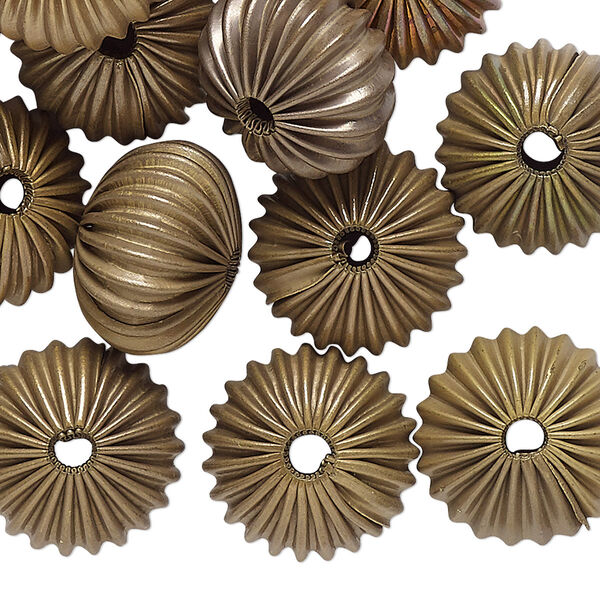 Bead, raw brass, 16x11mm corrugated rondelle with 3mm hole. Sold per pkg of 24. image number 0