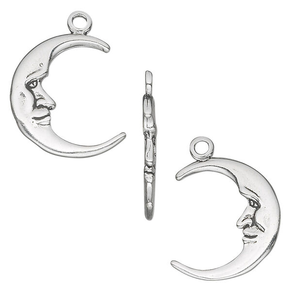Charm, antiqued sterling silver, 19x17mm double-sided moon face. Sold individually. image number 0