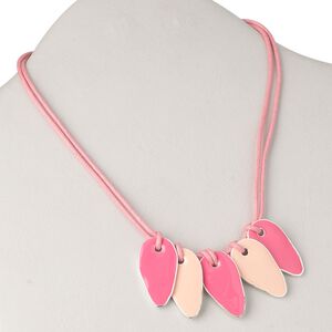 Necklace, 2-strand, silver-plated brass / waxed cotton cord / enamel, pink and cream, 32x18mm single-sided teardrop, 16 inches with 2-inch extender chain and lobster claw clasp. Sold individually.