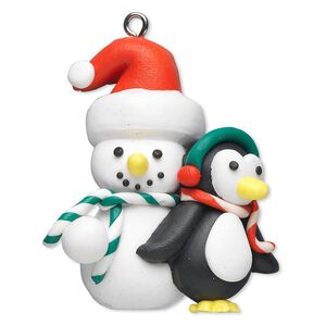 Ornament, polymer clay and imitation rhodium-finished steel, multicolored, 44x38mm snowman and penguin. Sold individually.