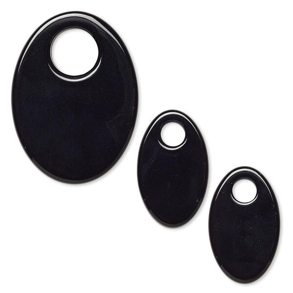 Focal and drop, black agate (dyed), (1) 38x26mm and (2) 26x16mm oval go-go, B grade, Mohs hardness 6-1/2 to 7. Sold per 3-piece set. image number 0