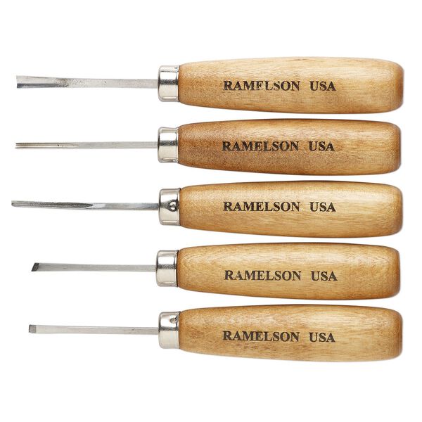 Micro carving tools, Ramelson USA®, carbon steel and wood, brown, 5 to 5-1/4 inches. Sold per 5-piece set. image number 0