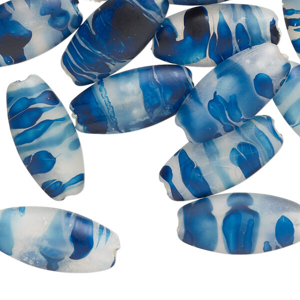 Bead, coated acrylic, translucent frosted clear / blue / dark blue, 19x9mm flat barrel with swirl design. Sold per pkg of 24. image number 0