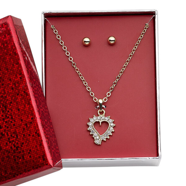 Necklace and earring set, glass rhinestone / gold-finished brass / steel / "pewter" (zinc-based alloy), clear, 17x16mm open heart, 15" to 16" necklace with 3-inch extender chain and lobster claw clasp, 5mm round with post. Sold per set. image number 0