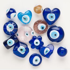 Bead mix, lampworked glass, translucent multicolored, 15mm-32x31mm mixed shapes with wards-off-the-evil-eye-design. Sold per 4-ounce pkg, approximately 10 beads.