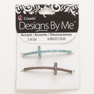 Focal assortment, "pewter" (zinc-based alloy) and glass, pkg/2, antique silver finish antique / brass finish / multicolored, 50x15mm curved cross.