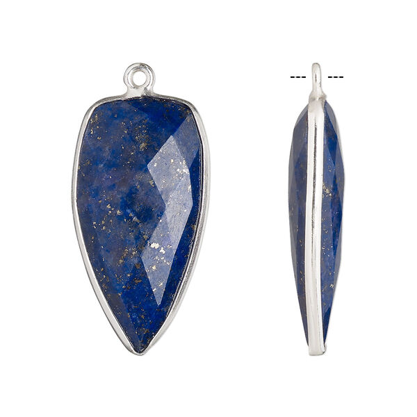 Drop, lapis lazuli (natural) and sterling silver, 27x14mm-28x15mm hand-cut double-sided faceted dagger. Sold individually. image number 0