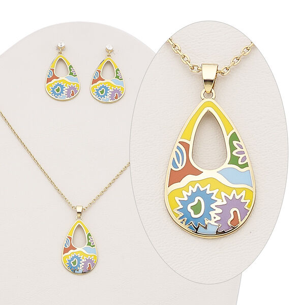 Necklace and earring set, Everyday Jewelry, enamel / Czech glass rhinestone / gold-plated brass, multicolored, 35x22mm teardrop with flower design, 16 inches with 2-inch extender chain and lobster claw clasp, 45mm earrings with post. Sold per set. image number 0