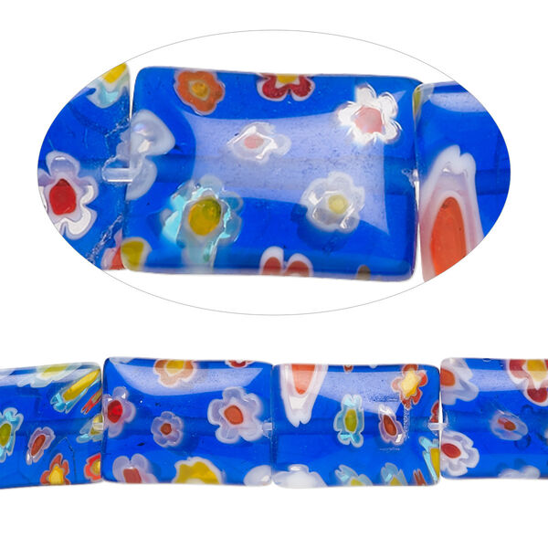 Bead, millefiori glass, translucent multicolored, 14x10mm flat rectangle with 0.6-0.8mm hole. Sold per 15-inch strand. image number 0