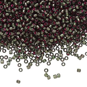 Seed bead, TOHO BEADS®, glass, pkg/50g, #11 round, opaque dyed silver-lined pink frosted olivine (TR-11-2204).