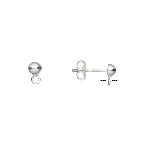 Earstud, sterling silver, 4mm half-ball with loop. Sold per pkg of 5 pairs. image number 0
