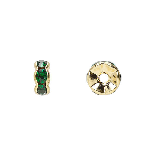Bead, glass rhinestone and gold-finished brass, emerald green, 8x4mm rondelle. Sold per pkg of 10. image number 0