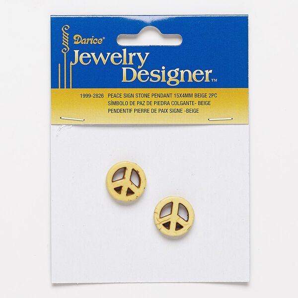 Bead, "howlite" (resin) (imitation), beige, 15mm peace sign. Sold per pkg of 2. image number 0