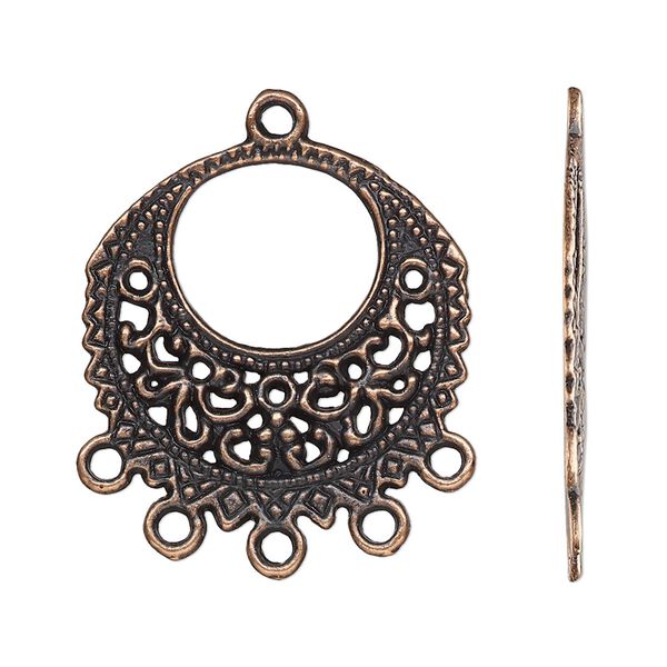 Drop, antique copper-finished "pewter" (zinc-based alloy), 26mm single-sided go-go with fancy design and 5 closed loops. Sold per pkg of 10. image number 0