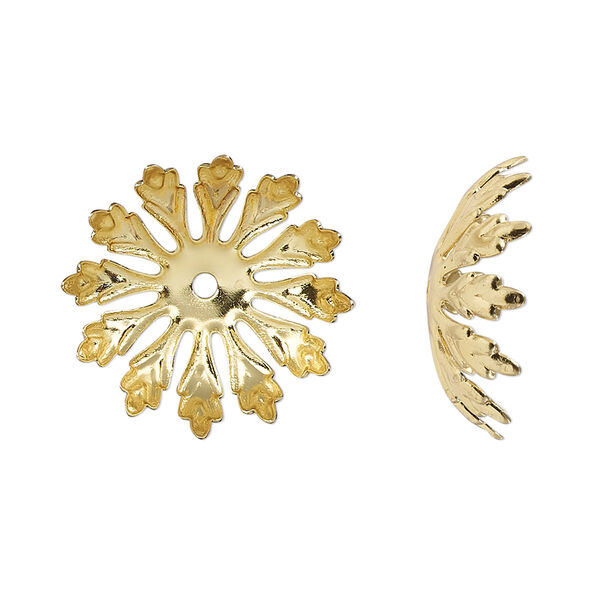 Bead cap, gold-finished copper, 20x6mm leaves, fits 16-18mm round bead. Sold per pkg of 10. image number 0