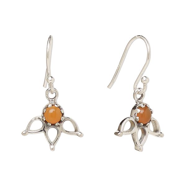 Earring, Create Compliments®, antiqued sterling silver and carnelian (dyed/heated), fishhook, 27mm with 14.5 x 12.5mm single-sided open 3-teardrop, 21 gauge. Sold per pair. image number 0