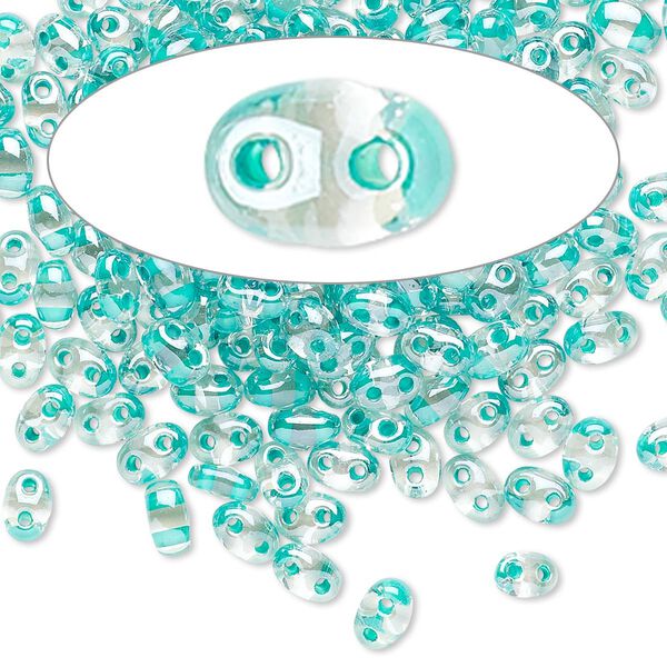 Seed bead, Preciosa Twin™ Czech glass, pkg/10g, 5x2.5mm oval, transparent green terra color-lined clear, (38658). image number 0
