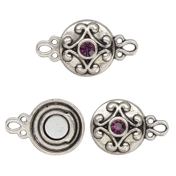 Clasp, magnetic, silver-finished "pewter" (zinc-based alloy) and glass, purple, 12mm double-sided round. Sold per pkg of 2. image number 0
