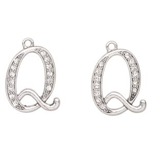 Charm, antique silver-finished "pewter" (zinc-based alloy) and glass, clear, 23x19mm letter "Q". Sold per pkg of 2.