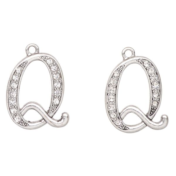 Charm, antique silver-finished "pewter" (zinc-based alloy) and glass, clear, 23x19mm letter "Q". Sold per pkg of 2. image number 0