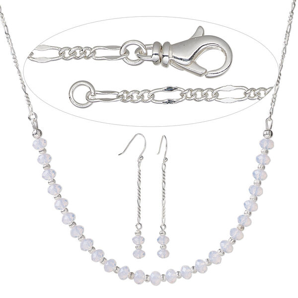 Necklace and earring set, Simple and Sleek Jewelry™, sterling silver / silver-plated stainless steel / crystal, rosewater opal, 28 inches with lobster claw clasp. Sold per set. image number 0