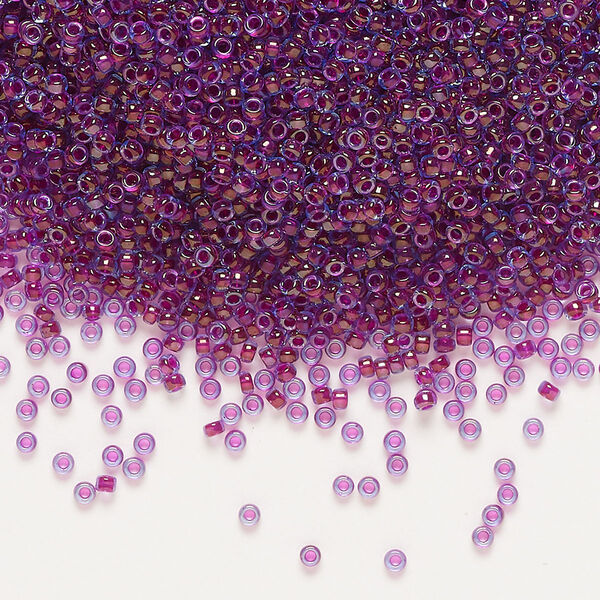 Seed bead, Miyuki, glass, pkg/250g, #15 rocaille, translucent fuchsia-lined luster aqua (RR-352). image number 0