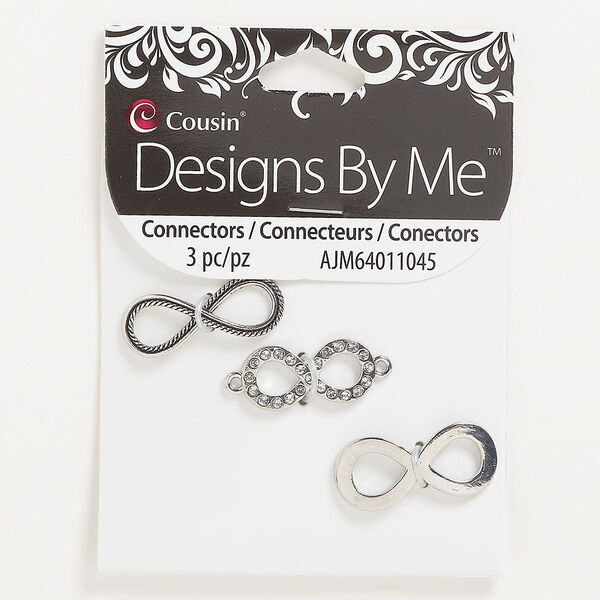 Component assortment, antique silver-finished "pewter" (zinc-based alloy) and glass, clear, mixed-size infinity. Sold per pkg of 3. image number 0