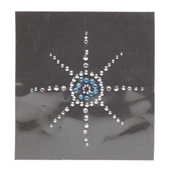 Transfer, crystal / aluminum / adhesive, pkg/1, 3.5-inch iron-on sun, silver / clear / blue AB. image number 0