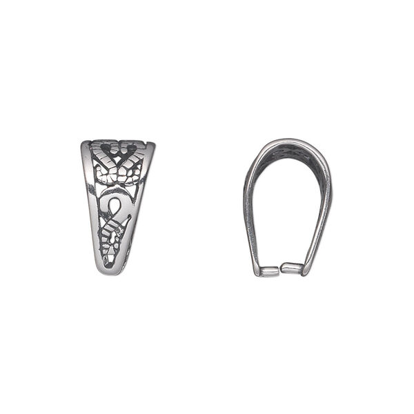 Bail, ice-pick, antiqued sterling silver, 14x8mm double-sided shield with open filigree, 12mm grip length. Sold individually. image number 0