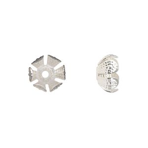 Bead cap, silver-finished steel, 11.5x6mm dimpled flower, fits 8-10mm round bead. Sold per pkg of 20.