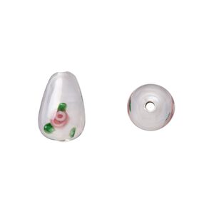 Bead, Czech lampworked glass, opaque white / green / pink, 12x8mm-13x9mm teardrop with flower design. Sold per pkg of 4.