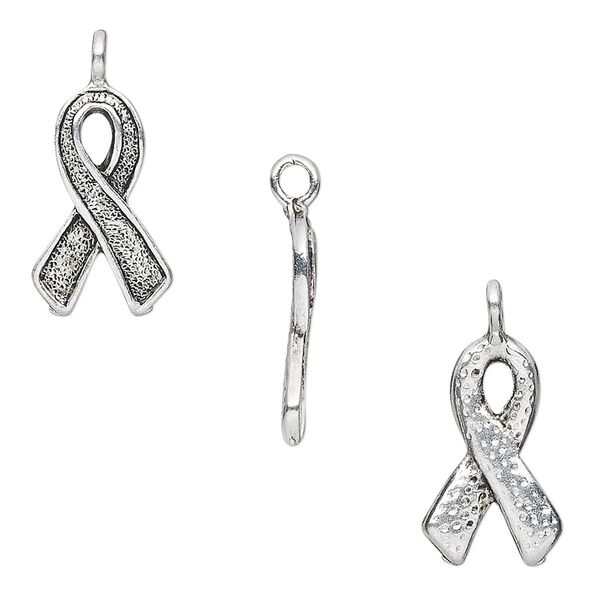 Charm, antique silver-plated "pewter" (zinc-based alloy), 17x10mm single-sided awareness ribbon. Sold per pkg of 20. image number 0