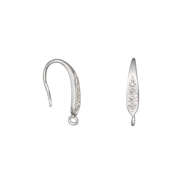 Ear wire, sterling silver and cubic zirconia, clear, 16mm fishhook with marquise and open loop, 19 gauge. Sold per pair. image number 0