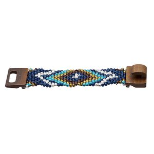 Bracelet, stretch, glass and stained wood, turquoise blue and multicolored, 46mm wide with chevron design, 7 inches with hook-and-eye clasp. Sold individually.