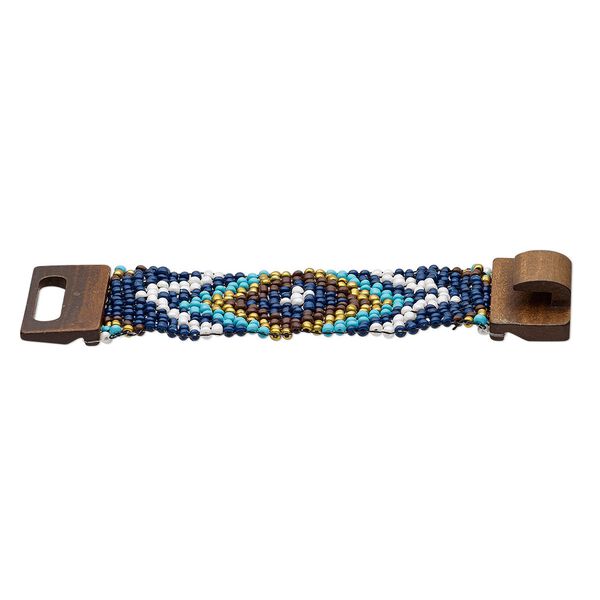 Bracelet, stretch, glass and stained wood, turquoise blue and multicolored, 46mm wide with chevron design, 7 inches with hook-and-eye clasp. Sold individually. image number 0