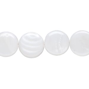 Bead, mother-of-pearl shell (bleached), white, 12mm flat round, Mohs hardness 3-1/2. Sold per 15-1/2" to 16" strand.