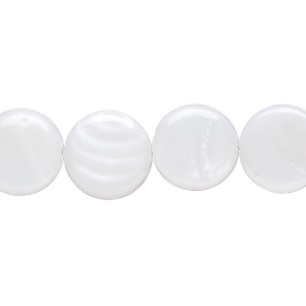 Bead, mother-of-pearl shell (bleached), white, 12mm flat round, Mohs hardness 3-1/2. Sold per 15-1/2" to 16" strand. image number 0