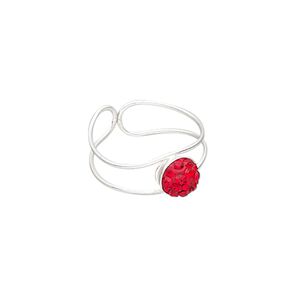 Ring, epoxy / glass rhinestone / silver-plated brass, red, 6.5mm wide with 6mm round, adjustable. Sold individually.