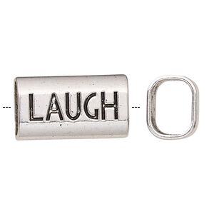 Slide, antique silver-finished "pewter" (zinc-based alloy), 23x13mm single-sided rectangle with "LAUGH" and 11x8mm hole. Sold per pkg of 2.