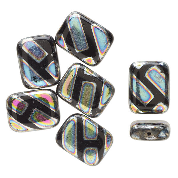 Bead, dichroic glass, opaque black and metallic multicolored, 20x15mm-20x16mm flat rectangle with dot design. Sold per pkg of 7. image number 0
