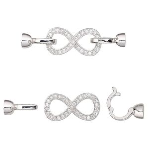 Clasp hinged hook 1pkg1 rhodium-plated, 35x9.5mm infinity / end caps / double latch / fits 3.5mm cord, brass / clear cubic zirconia 1-strand