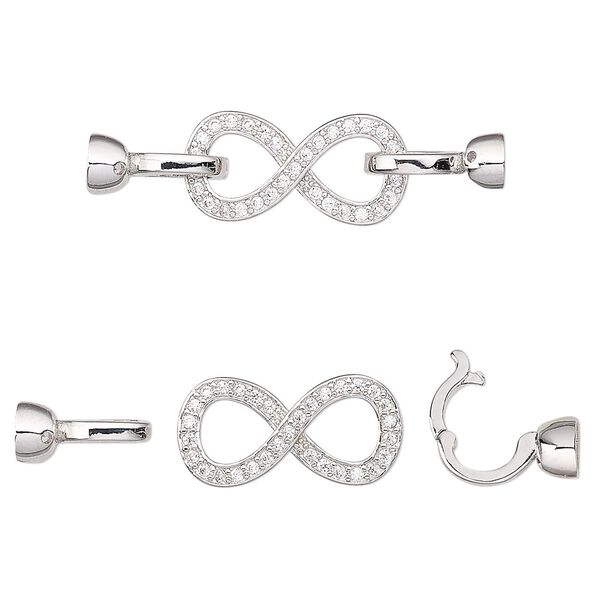 Clasp, double latch hinged hook, cubic zirconia and rhodium-plated brass, clear, 35x9.5mm infinity with glue-in ends, 3.5mm inside diameter. Sold individually. image number 0