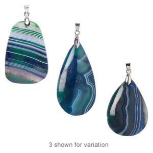 Agate / brass 1pkg1, imitation rhodium-plated hand-cut teardrop freeform pendant 50x30mm-65x35mm