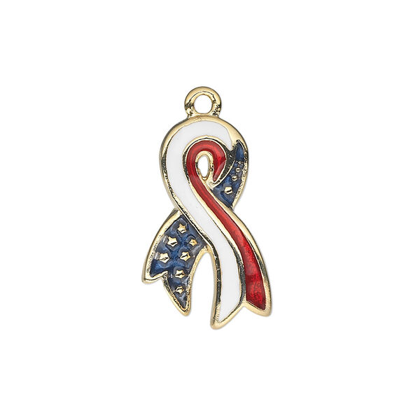 Charm, gold-finished "pewter" (zinc-based alloy) and enamel, red / white / blue, 22x13mm single-sided awareness ribbon. Sold individually. image number 0