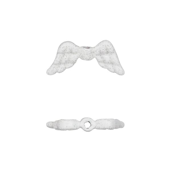 Bead, enamel and pewter (tin-based alloy), white with glitter, 20x9mm double-sided angel wing. Sold individually. image number 0