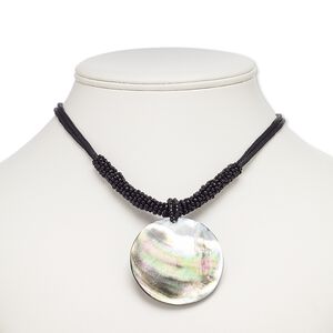 Necklace, resin / black lip shell (assembled) / waxed cotton cord / glass / imitation rhodium-plated brass / steel, black, 49mm round, 18 inches with 3-inch extender chain and lobster claw clasp. Sold individually.
