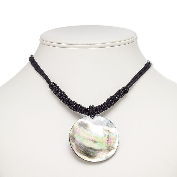 Necklace, resin / black lip shell (assembled) / waxed cotton cord / glass / imitation rhodium-plated brass / steel, black, 49mm round, 18 inches with 3-inch extender chain and lobster claw clasp. Sold individually. image number 0