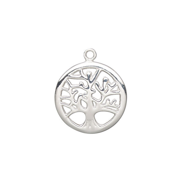 Drop, sterling silver, 17.5mm single-sided curved round with cutout tree of life. Sold individually. image number 0