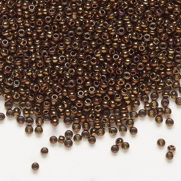 Seed bead, Preciosa Ornela Czech glass, pkg/500g, #11 rocaille, opaque golden bronze copper iris black, (59145). image number 0