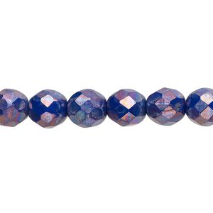 Bead, Czech fire-polished glass, opaque dark blue nebula, 8mm faceted round. Sold per 15-1/2" to 16" strand.